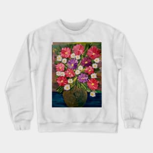 So painted a beautiful bouquet of mixed flowers in a silver vase . Using a natural background colors and metallic paints. Crewneck Sweatshirt